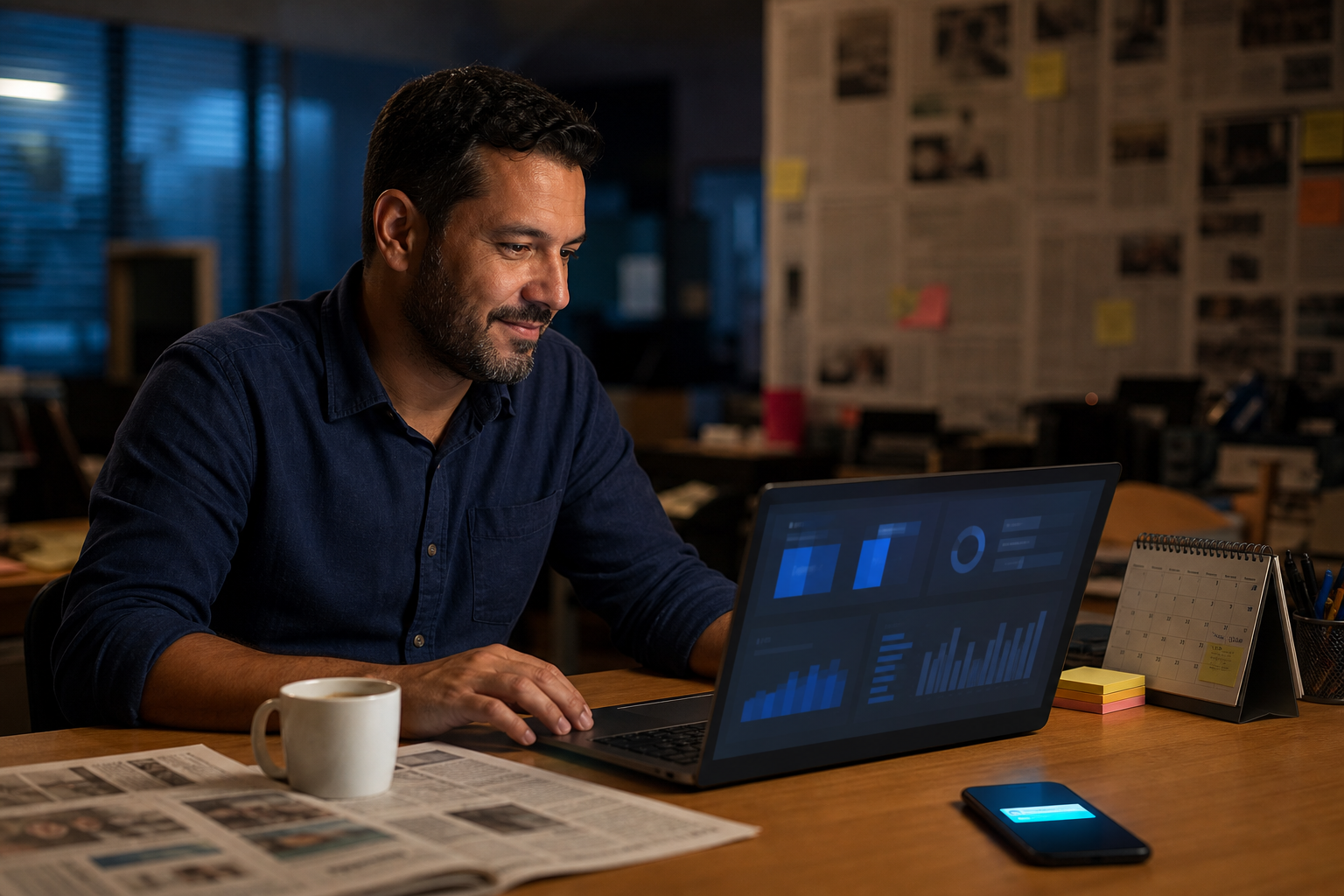 Editor acompanha um painel automatizado em uma redação local