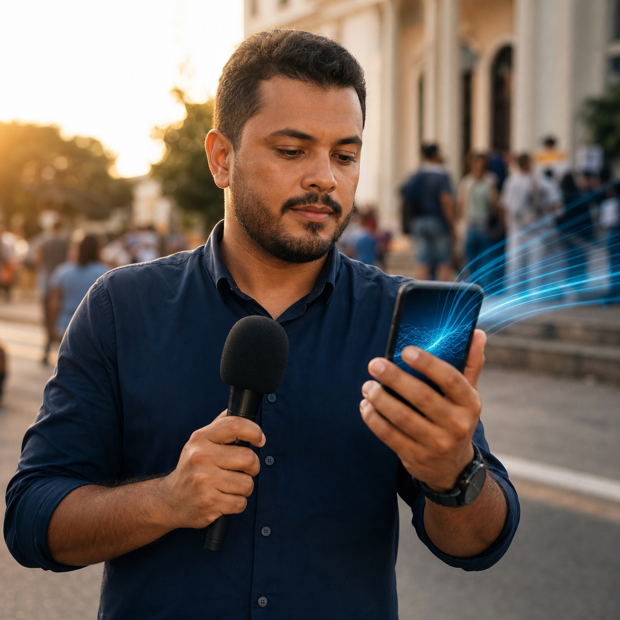Repórter em campo enviando conteúdo pelo celular para publicação automatizada
